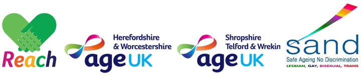 Reach logo, Age UK Herefordshire & Worcestershire logo, Age UK Shropshire Telford & Wrekin logo, SAND logo