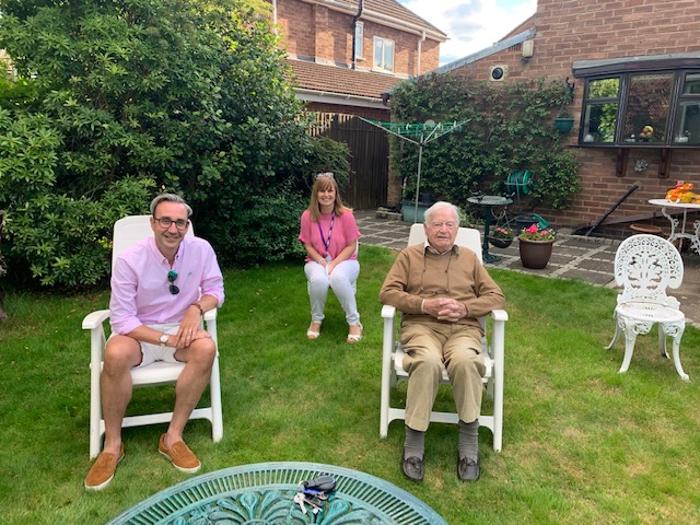 LPT Coordinater Amanda and Volunteer Jon paid Geoff a socially distanced visit on his 100th birthday