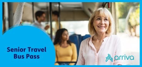 Woman on a bus, looking out of the window with text about free bus pass