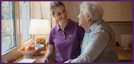 Woman in purple uniform smiling at older woman in a home
