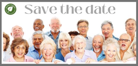 Older people smiling, save the date for Silver Sunday save the date