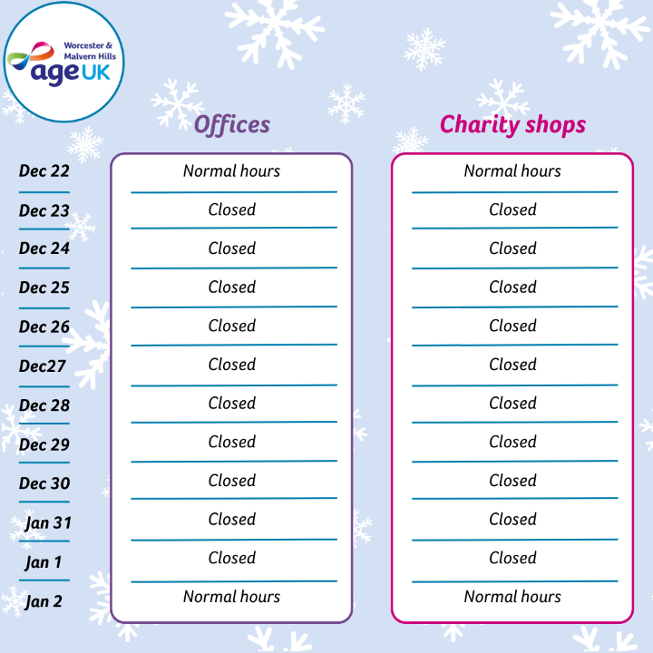Christmas 2023 Opening Hours Age UK Worcester & Malvern Hills
