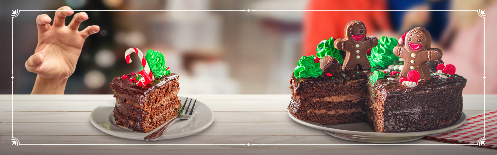 A child eyes up a Christmas yule log cake