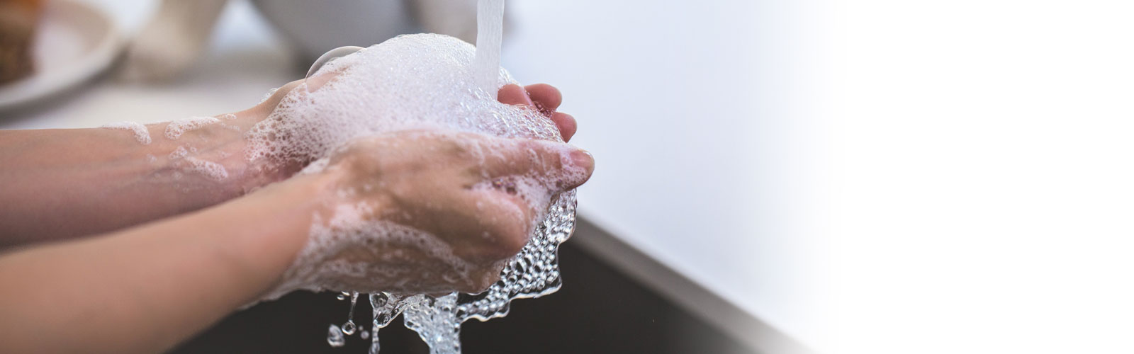 Hands covered in soap under a running tap