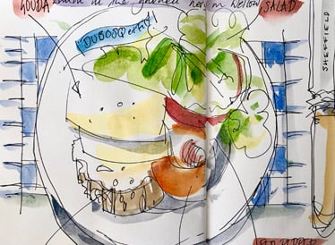 A sketch done by an older artist, showing a plate of food, including cheese and salad