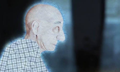 An illustration of an older man from the animated video from the Egomunk song Islands