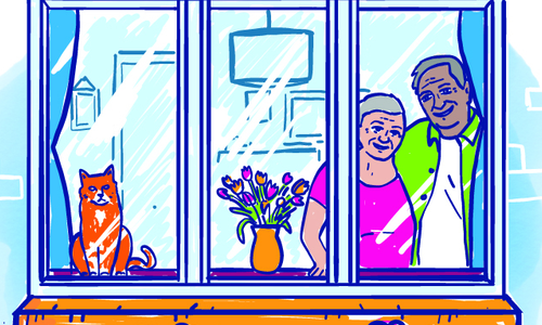 An illustration of two older people looking out of a window