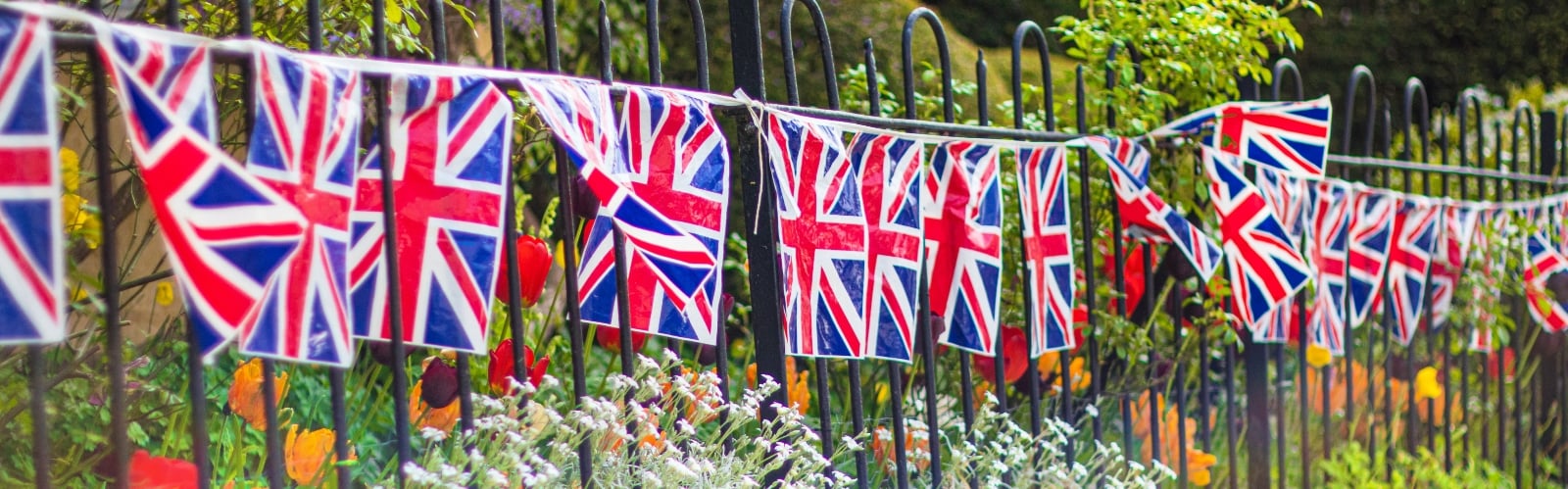 Union Jack flag bunting on railings